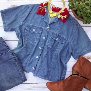 Vintage Jean Blouse Top with Floral Fabric Collar